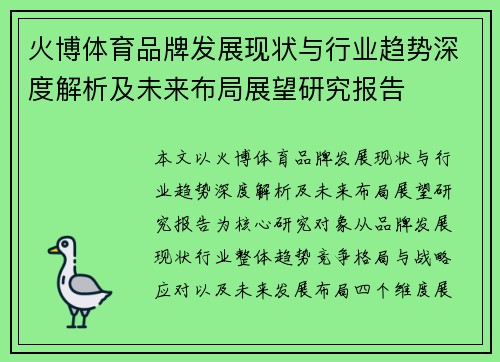 火博体育品牌发展现状与行业趋势深度解析及未来布局展望研究报告 火博体育品牌发展现状与行业趋势深度解析及未来布局展望研究报告